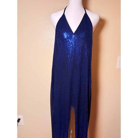 USA Heart Pants - Y2K USA Heart Blue Sequin Halter Jumpsuit Open Back Festival Party Large